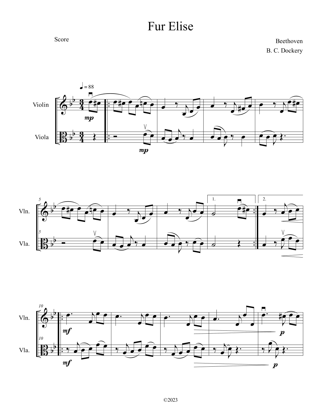 Fur Elise (Violin and Viola Duet) (arr. B. C. Dockery)