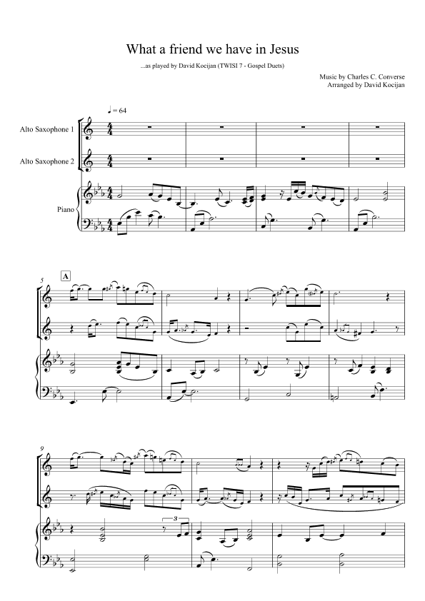 What a friend we have in Jesus - TRIO (piano & 2 alto saxophones) (arr. David Kocijan)