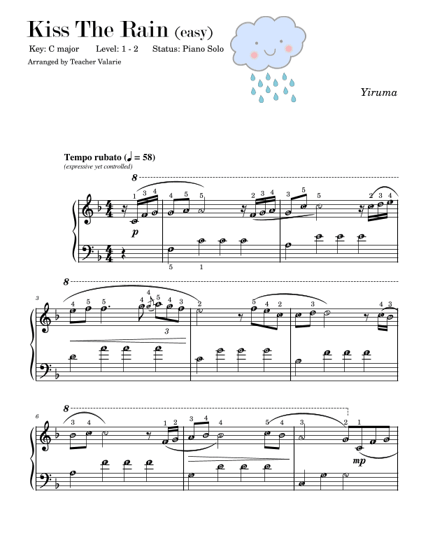 EASY Kiss the Rain for Grade 1 Piano Solo in F major for Self Learning Series (arr. Published Harmony)