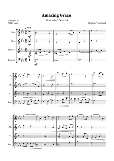 Amazing Grace - Woodwind Quartet Sheet Music (arr. Valdir Maia)