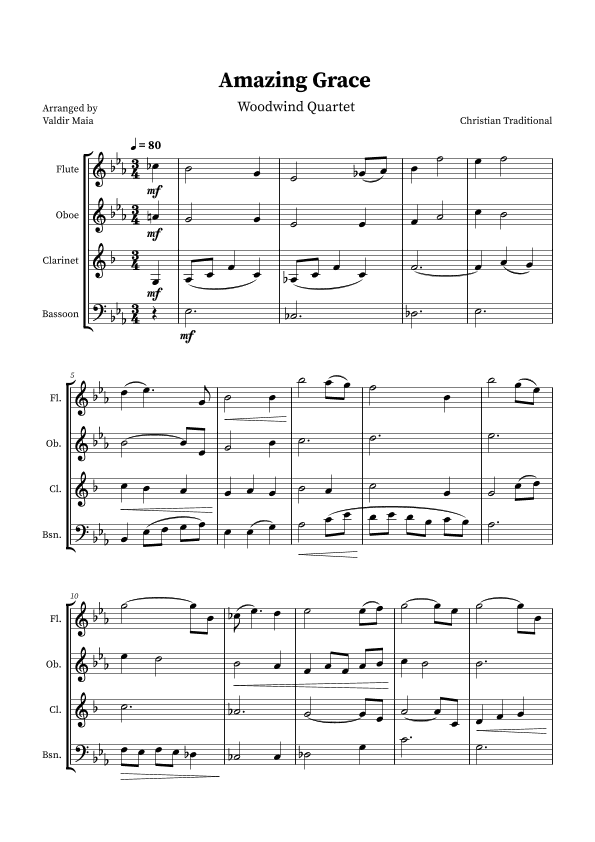 Amazing Grace - Woodwind Quartet Sheet Music (arr. Valdir Maia)