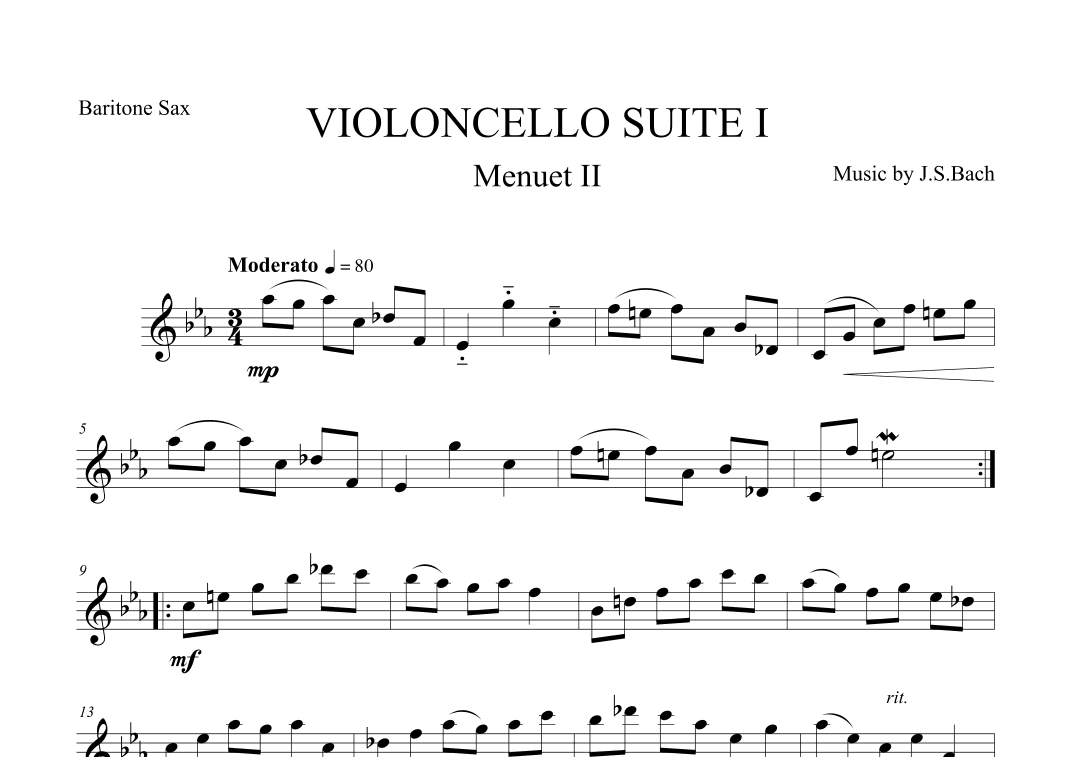 Menuet II from Violoncello Suite I by J.S.Bach for Baritone Saxophone (arr. The Sheet Music Library)