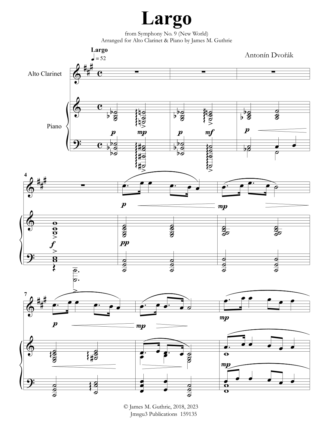 Dvorák: Largo from the New World Symphony for Alto Clarinet & Piano (arr. James M. Guthrie, ASCAP)