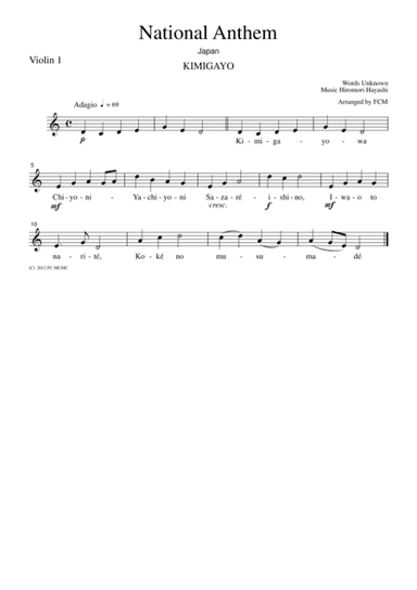 National Anthem  Japan Kimigayo, for string quartet, NA001 (arr. FCMUSIC)