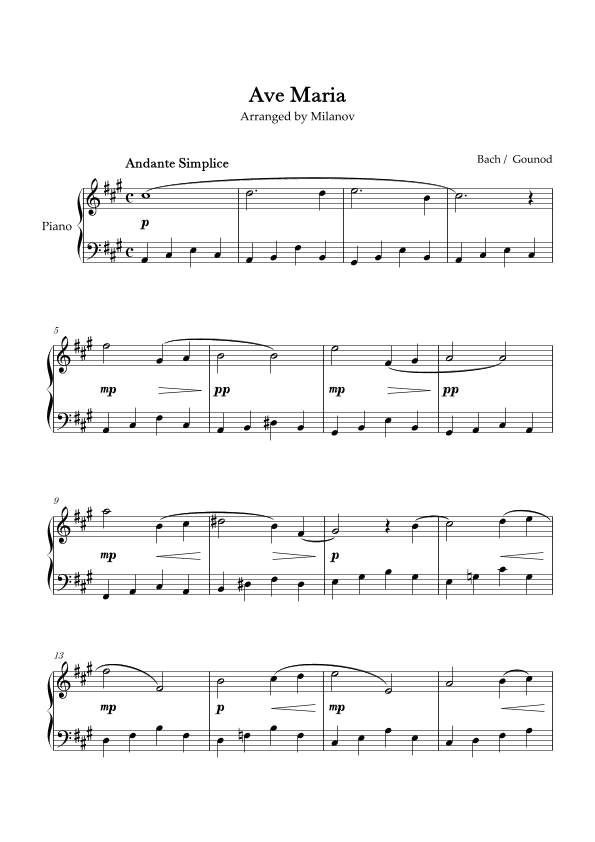 Ave Maria Bach Gounod in A Easy Intermediate Piano (arr. Milanov)