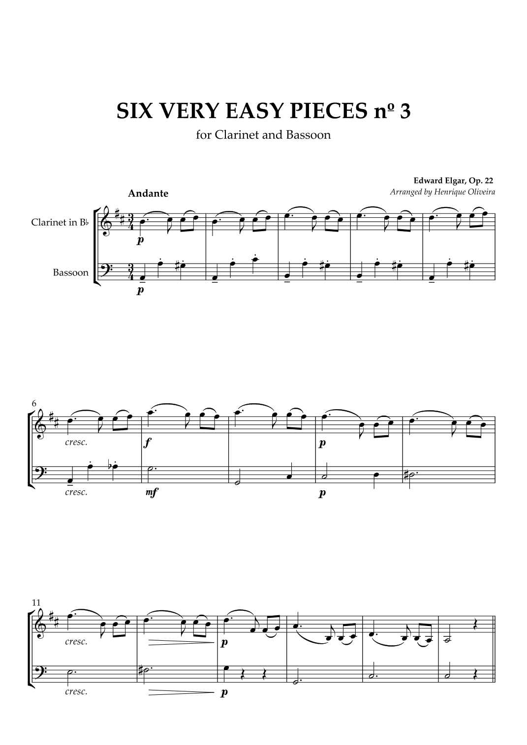 Six Very Easy Pieces nº 3 (Andante) - Clarinet and Bassoon (arr. Henrique Oliveira)
