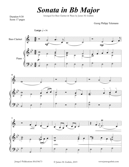 Telemann: Sonata in Bb Major for Bass Clarinet & Piano (arr. James M. Guthrie, ASCAP)