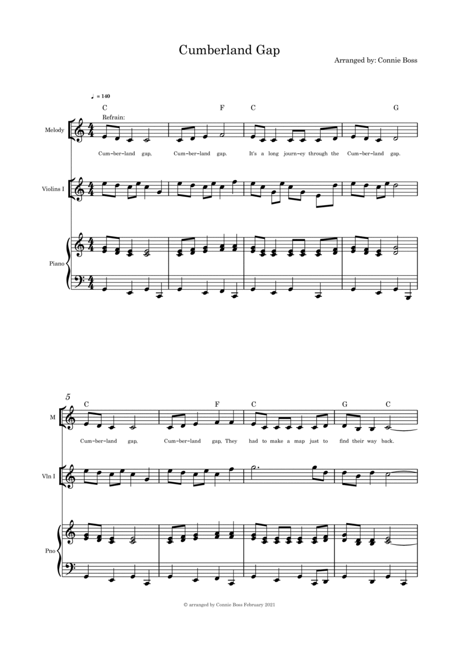 Cumberland Gap - solo, violin and piano (arr. Connie Boss)