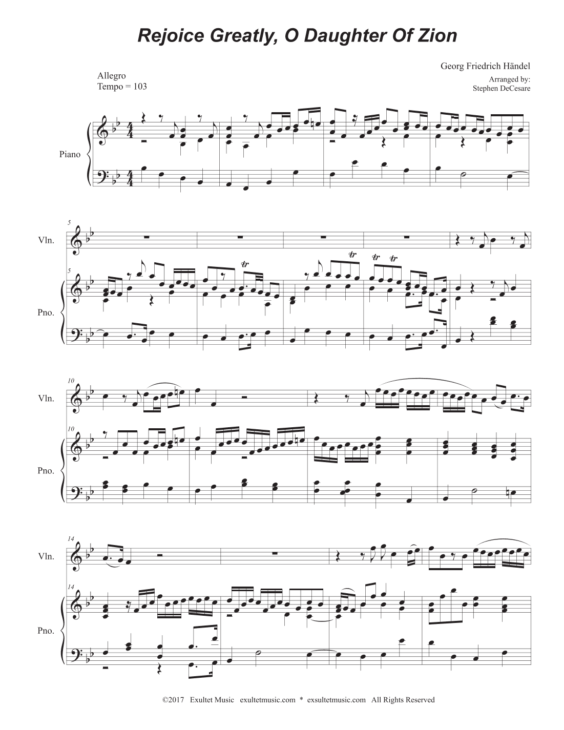 Rejoice Greatly, O Daughter Of Zion (Violin solo and Piano) (arr. Stephen DeCesare)