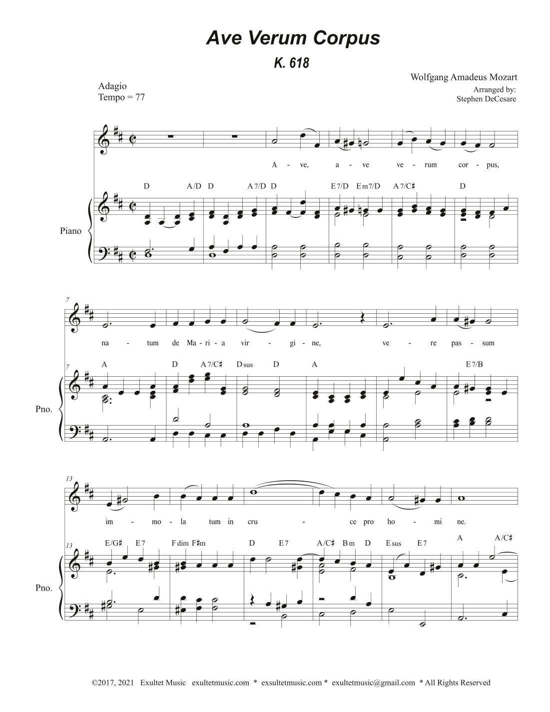 Ave Verum Corpus (Vocal solo - Piano Accompaniment) (arr. Stephen DeCesare)