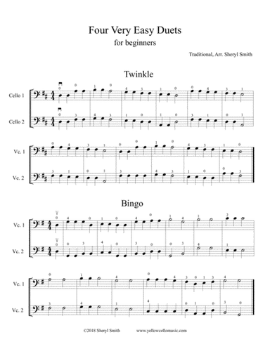 Four very simple cello duets for beginners.  Twinkle, French Folk Song, Old MacDonald, Bingo (arr. Yellow Cello Music)