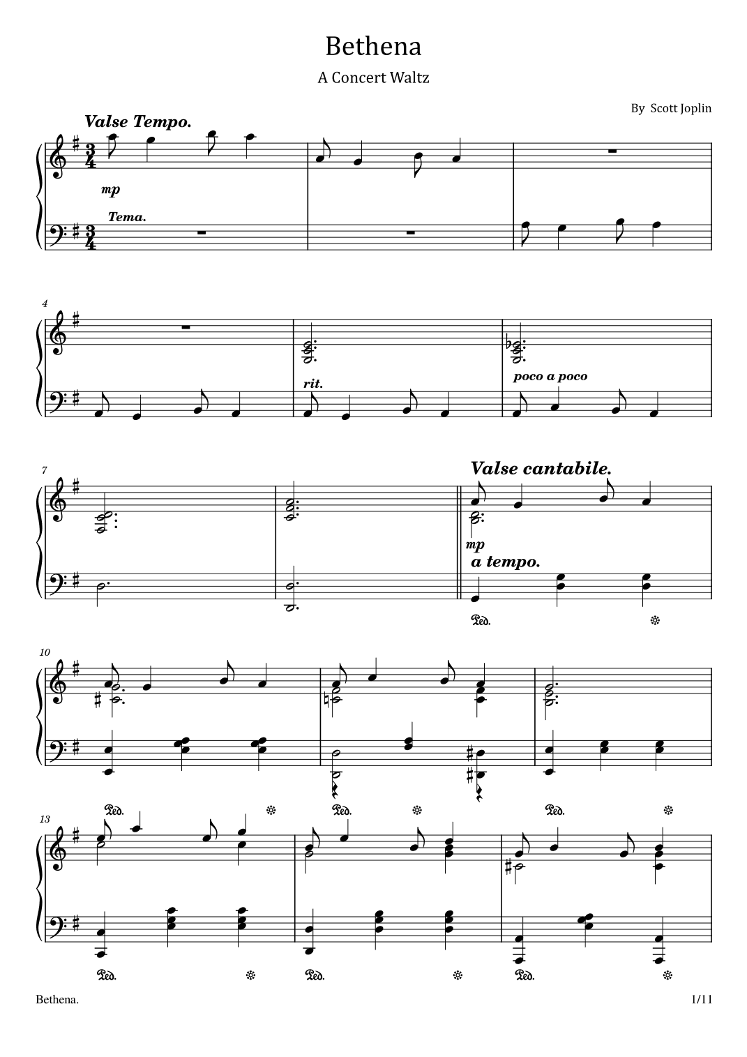 Bethena - A Concert Waltz - Scott Joplin - 1905 - Original  For Piano Solo (arr. poon)