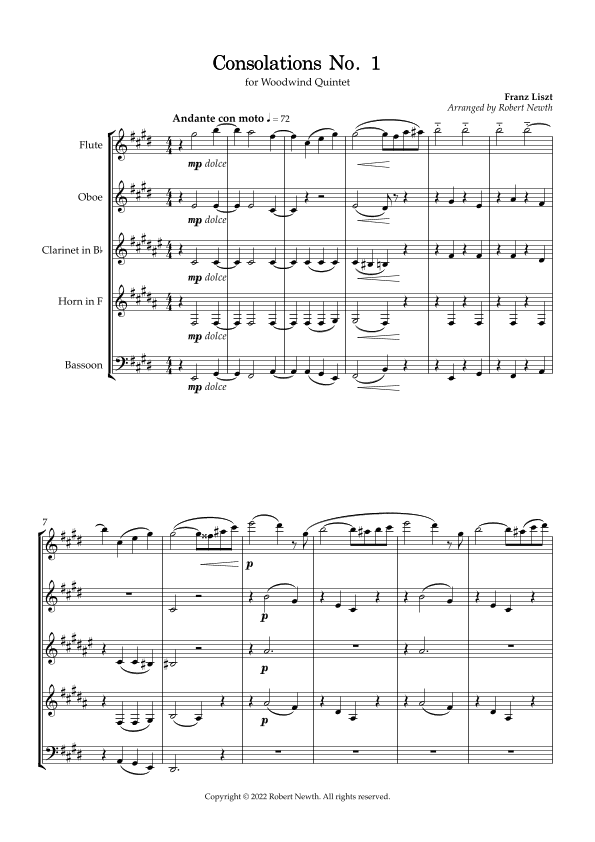 Consolations No. 1 (by Franz Liszt) for Wind Quintet (arr. Robert Newth)