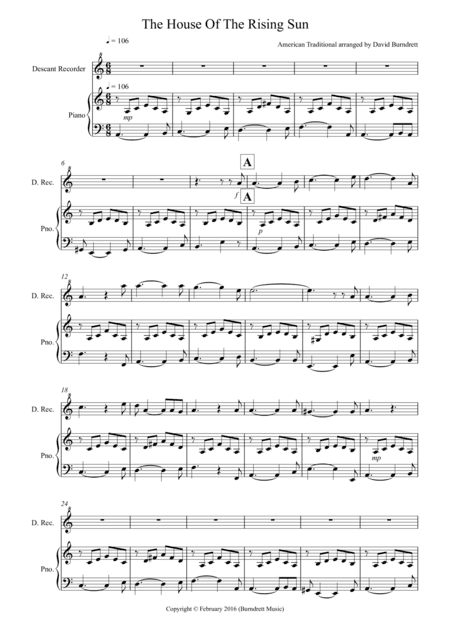 House of the Rising Sun for Descant Recorder and Piano (arr. David Burndrett)