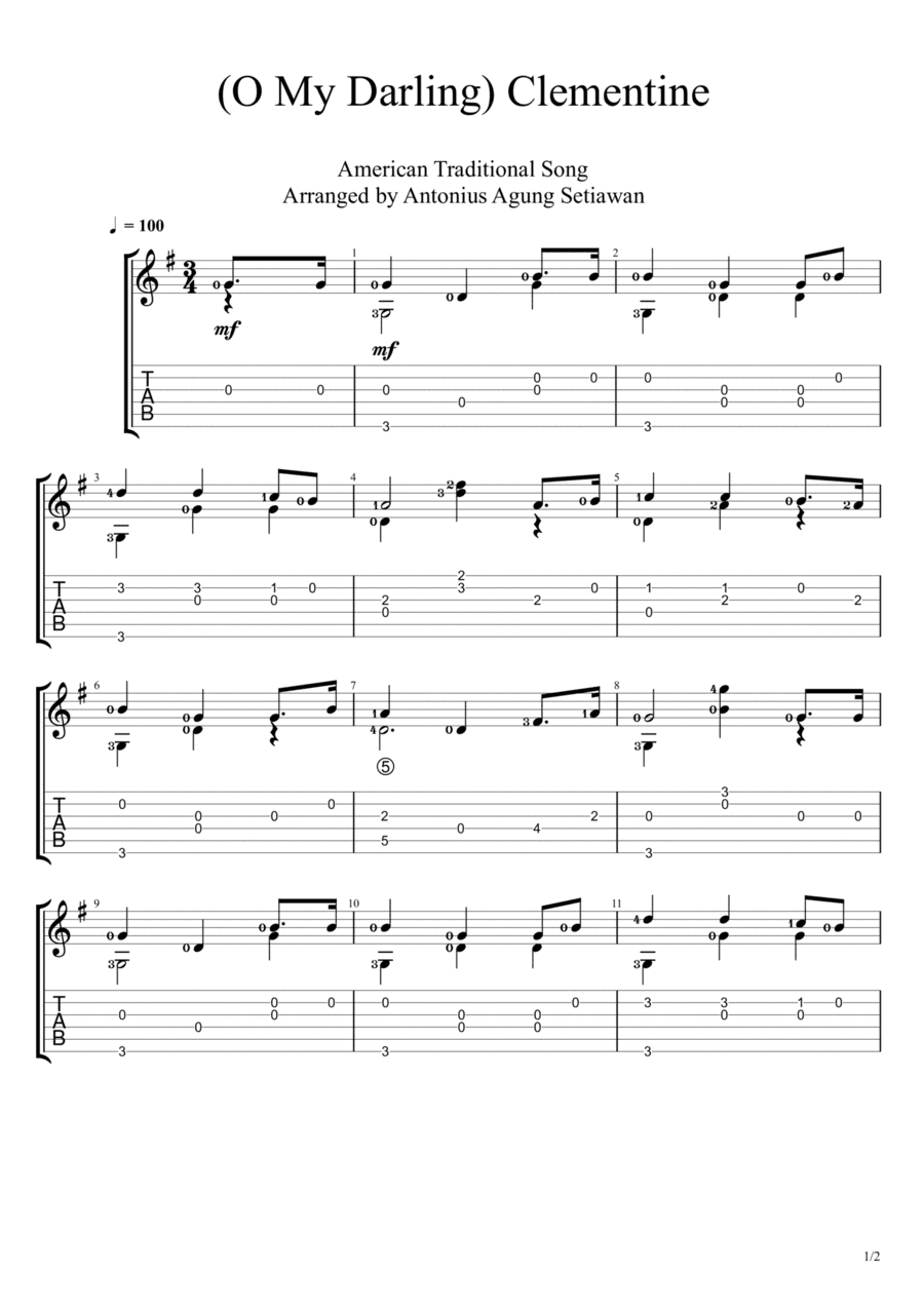 O My Darling Clementine (Solo Guitar Tablature) (arr. Antonius Agung Setiawan)