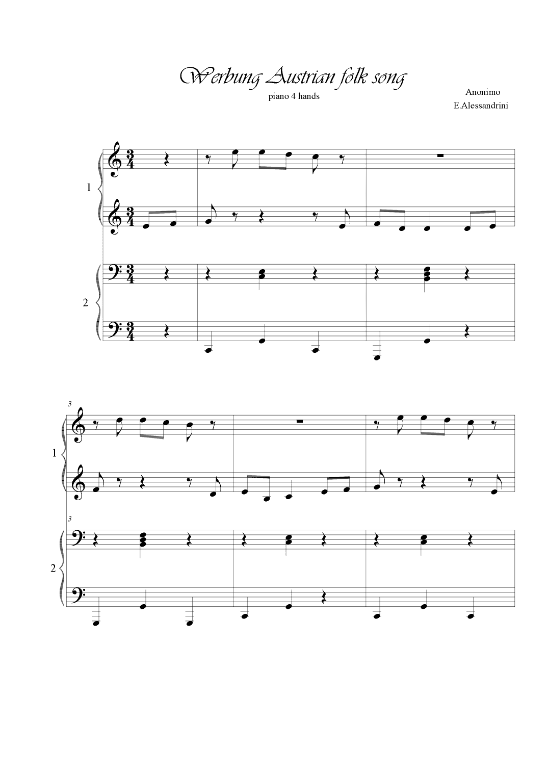 Werbung. Austrian folk music. Piano 4 hands (arr. Ester Alessandrini)