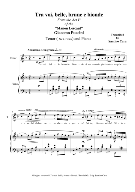 Puccini - Manon Lescaut (Act 1) Tra voi, belle, brune e bionde - Tenor and Piano (arr. Santino Cara)