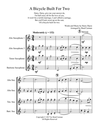 A Bicycle Built for Two for Saxophone Quartet (arr. Brad Carman)