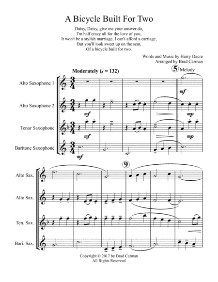 A Bicycle Built for Two for Saxophone Quartet (arr. Brad Carman)