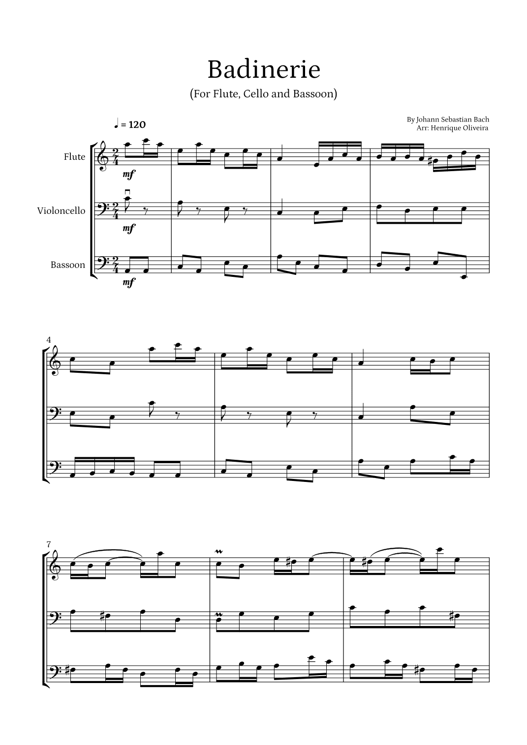 Badinerie by J. S. Bach (For Flute, Cello and Bassoon) (arr. Henrique Oliveira)