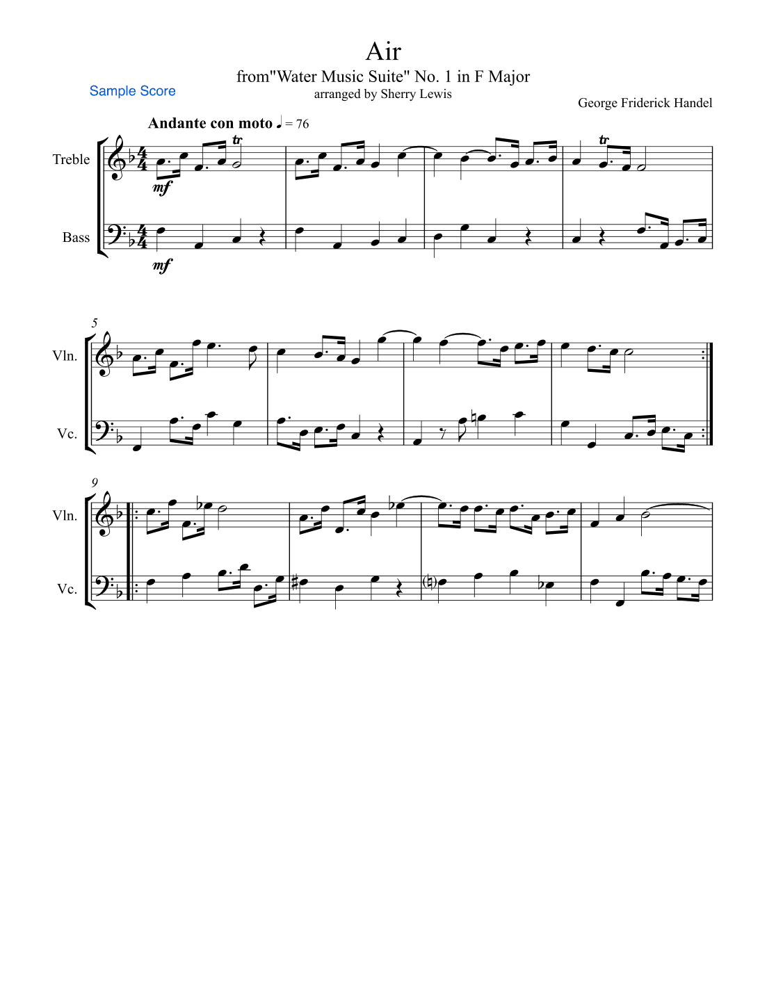AIR from Water Music for Duo, Intermediate Level for any treble instrument and one bass instrument o (arr. Sherry Lewis)