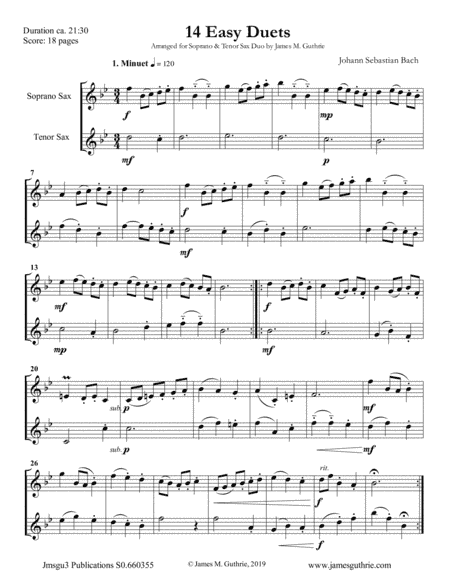 Bach: 14 Easy Duets for Soprano & Tenor Sax (arr. James M. Guthrie, ASCAP)