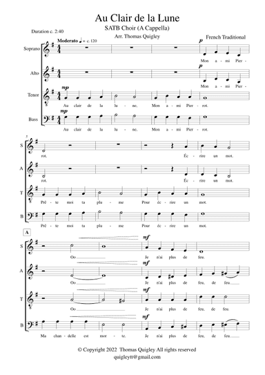 Au Clair de la Lune (SATB A Cappella) (arr. Thomas Quigley)