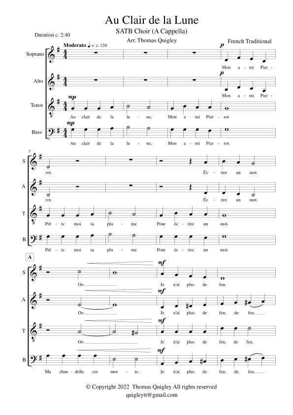 Au Clair de la Lune (SATB A Cappella) (arr. Thomas Quigley)
