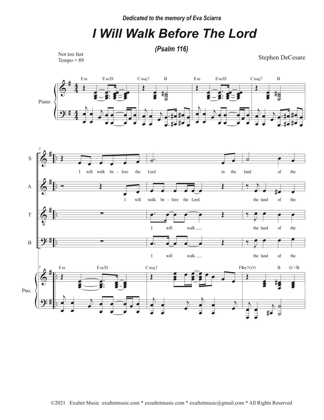 I Will Walk Before The Lord (Psalm 116) (Vocal Quartet - (SATB)