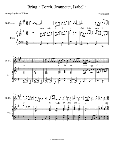 Bring a Torch, Jeannette, Isabella--clarinet solo (arr. Beka Wilson)