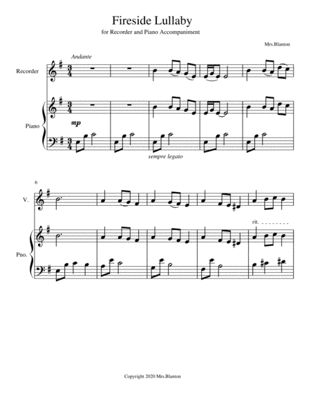 Fireside Lullaby: Recorder Solo (or C instrument) with Accompaniment