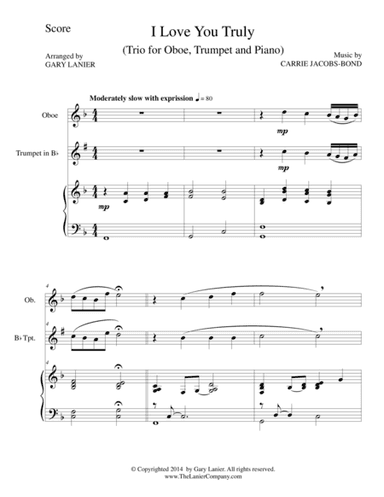 I LOVE YOU TRULY (Trio – Oboe, Bb Trumpet, and Piano with Score and Parts) (arr. Gary Lanier)