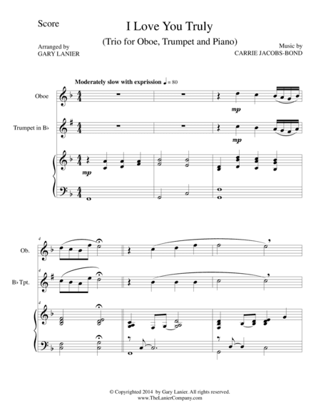 I LOVE YOU TRULY (Trio – Oboe, Bb Trumpet, and Piano with Score and Parts) (arr. Gary Lanier)