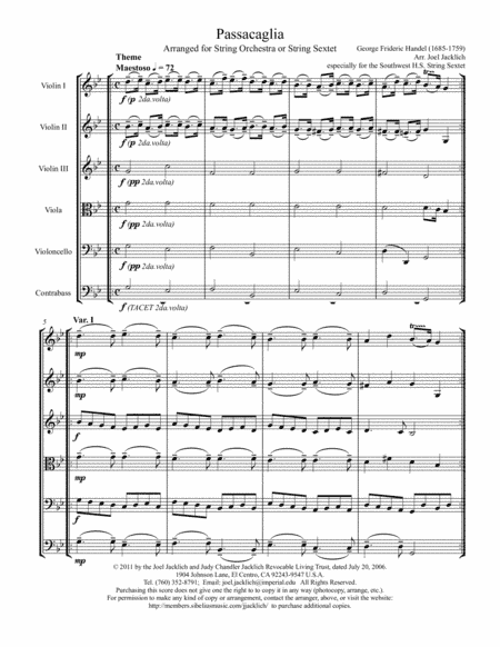Passacaglia in G minor, arranged for string sextet (3,1,1,1) or string orchestra (arr. Joel Jacklich (ASCAP))
