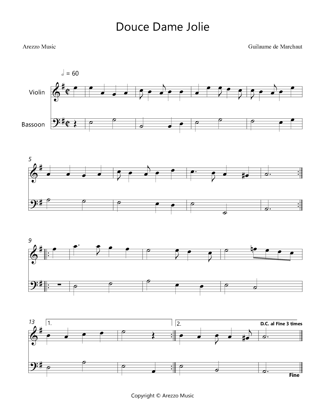 Douce Dame Jolie - Violin and Bassoon Arrangement (arr. Arezzo Music)