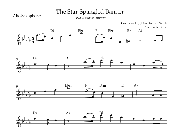 The Star Spangled Banner (USA National Anthem) for Alto Saxophone Solo with Chords (E Major) (arr. Fabio Britto)