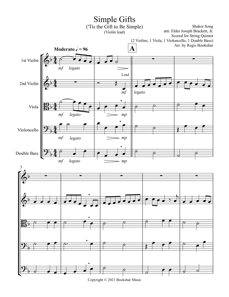 Simple Gifts ('Tis the Gift to Be Simple) (F) (String Quintet - 2 Violins, 1 Viola, 1 Cello, 1 Bass) (arr. Regis Bookshar)