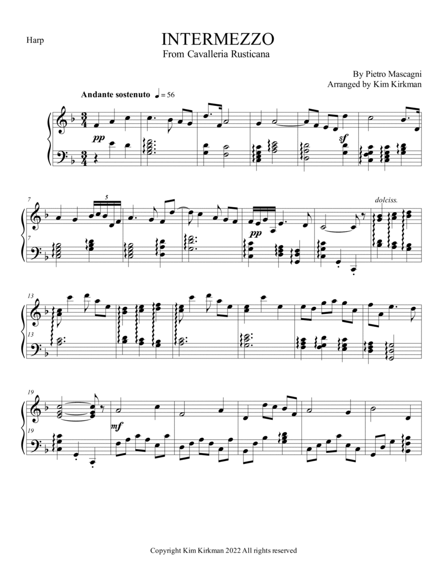 Intermezzo for solo harp from Cavalleria Rusticana by Mascagni in original key of F (1 flat) no addi (arr. Kim Kirkman)