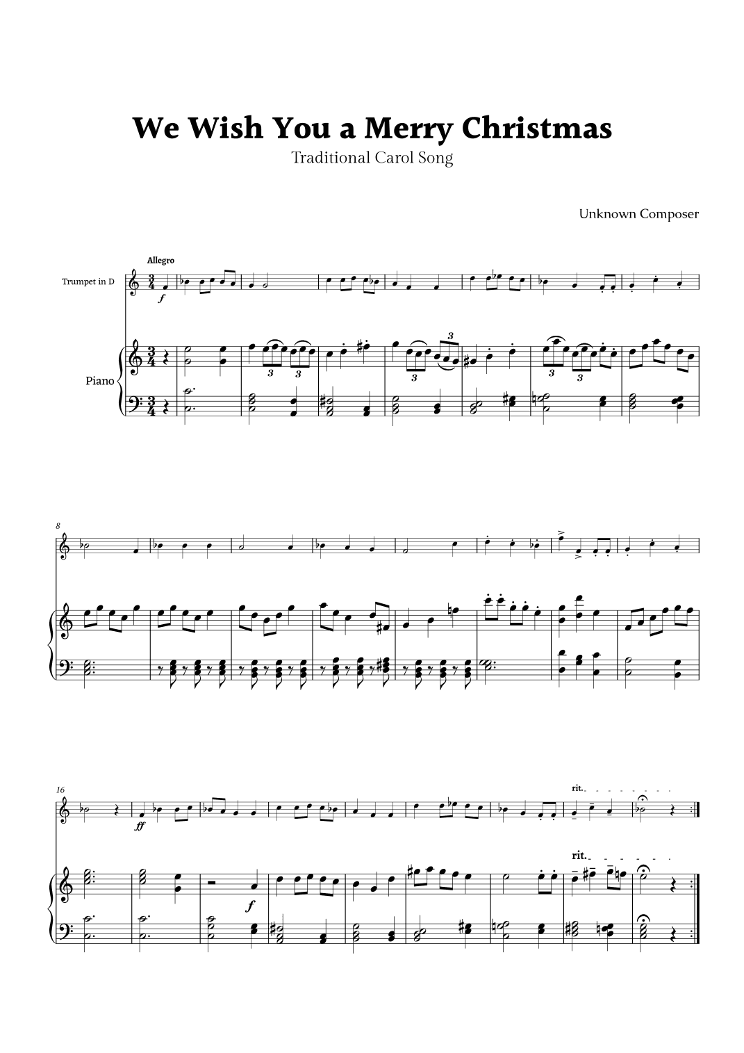 We Wish you a Merry Christmas for Trumpet in D and Piano (arr. Rika K.)