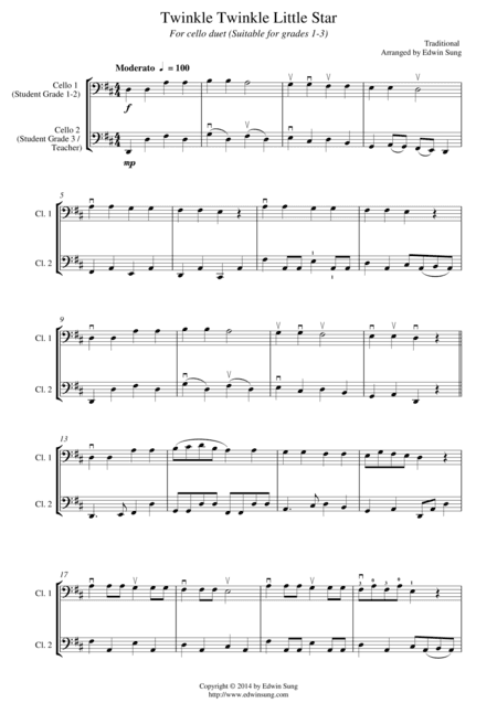 Twinkle Twinkle Little Star (for cello duet, suitable for grades 1-3) (arr. Edwin Sung)