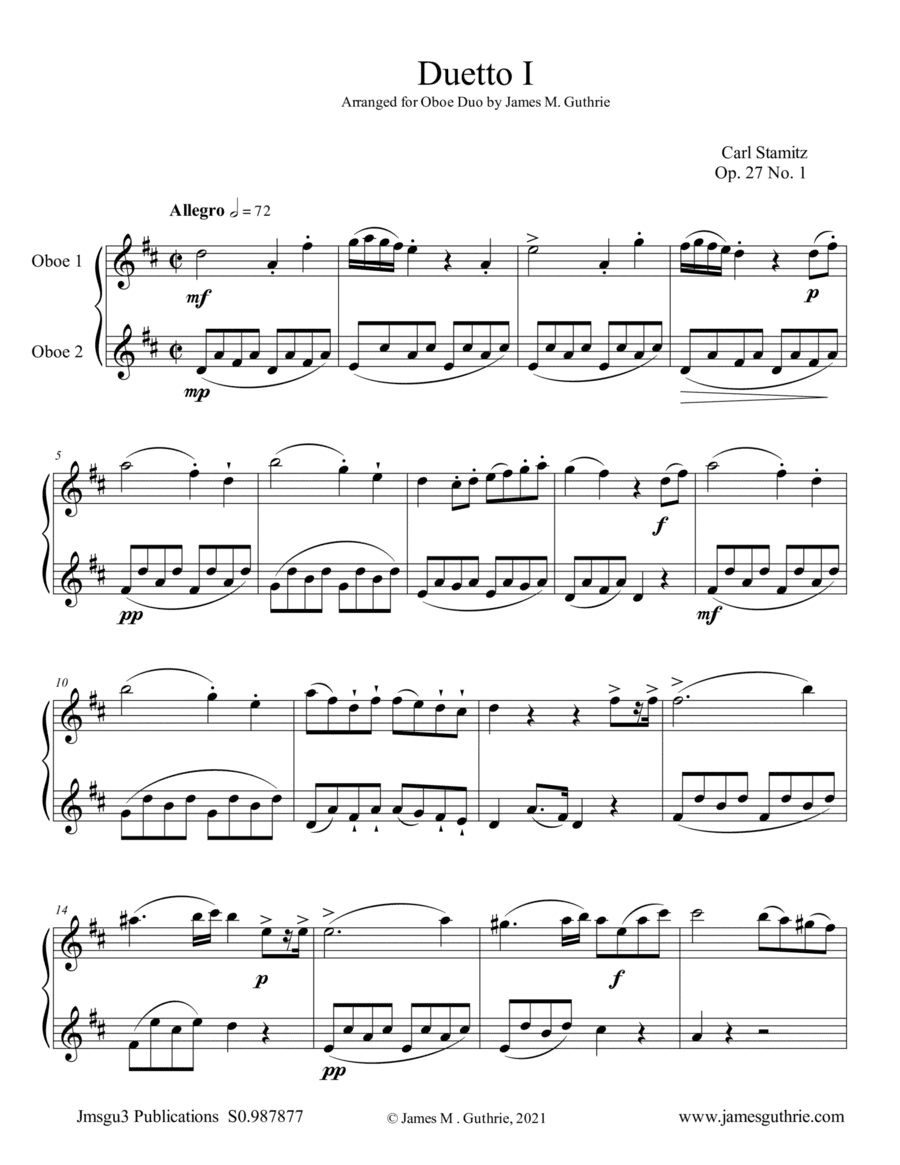 Stamitz: Duet Op. 27 No. 2 for Oboe Duo (arr. James M. Guthrie)
