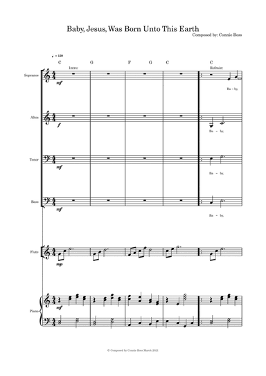Baby Jesus Was Born Unto This Earth - SATB flute or violin or cello and piano with parts