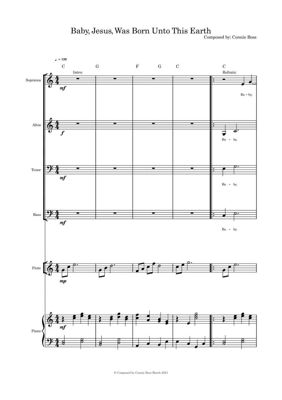 Baby Jesus Was Born Unto This Earth - SATB flute or violin or cello and piano with parts