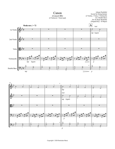 Canon (Pachelbel) (Bb) (String Quintet - 2 Violins, 1 Viola, 1 Cello, 1 Bass) (arr. Regis Bookshar)