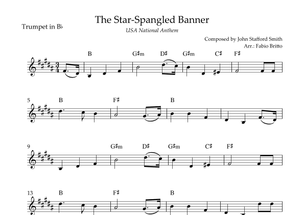 The Star Spangled Banner (USA National Anthem) for Trumpet in Bb Solo with Chords (A Major) (arr. Fabio Britto)