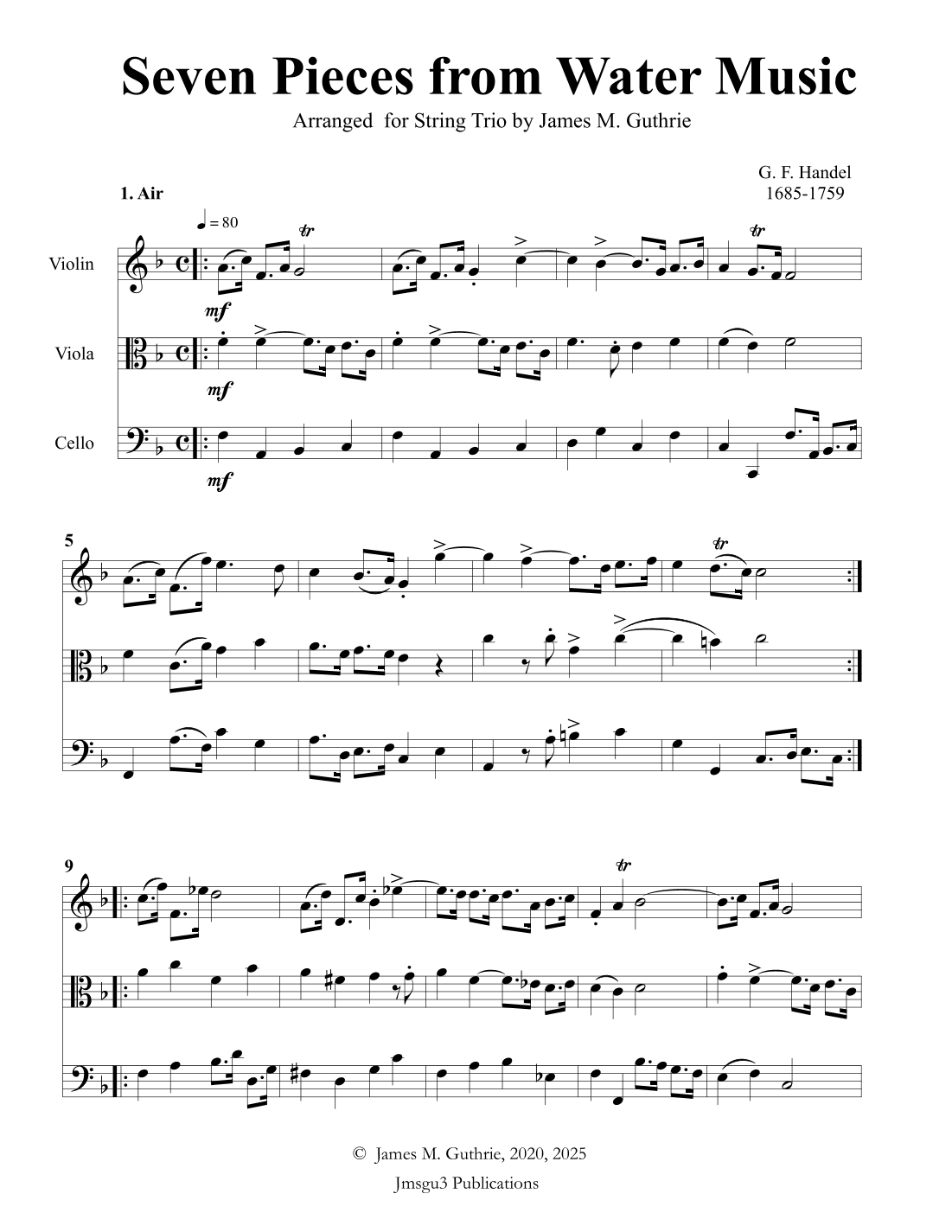 Handel: Seven Pieces from Water Music for String Trio (arr. James M. Guthrie)