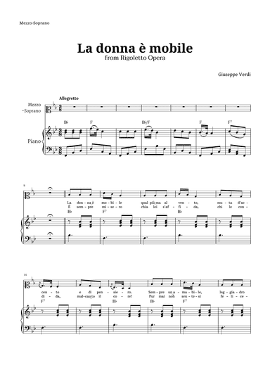 La donna è mobile in B-flat major for Mezzo Soprano and Piano (arr. Langanho)