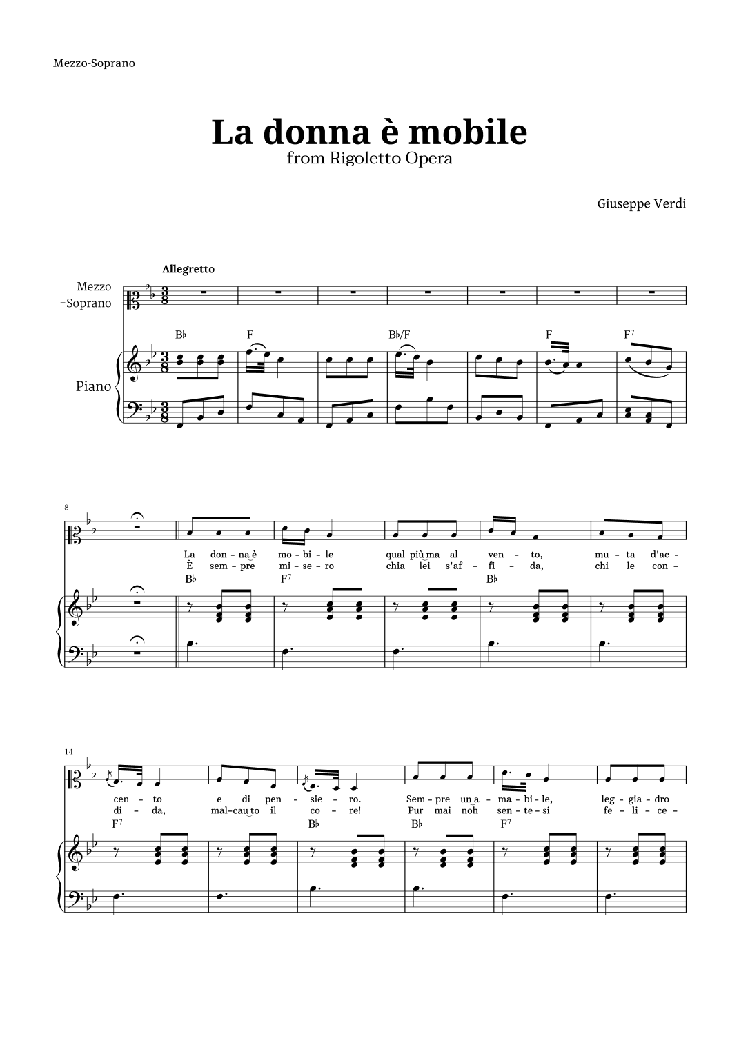 La donna è mobile in B-flat major for Mezzo Soprano and Piano (arr. Langanho)