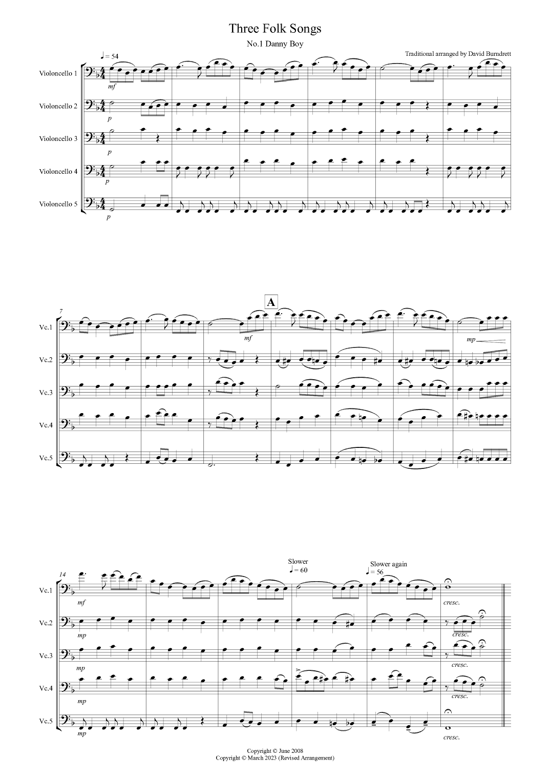 3 Folk Songs for Cello Quintet (arr. David Burndrett)