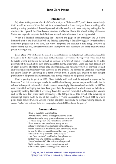 Three John Clare Songs for SATB & String Quartet